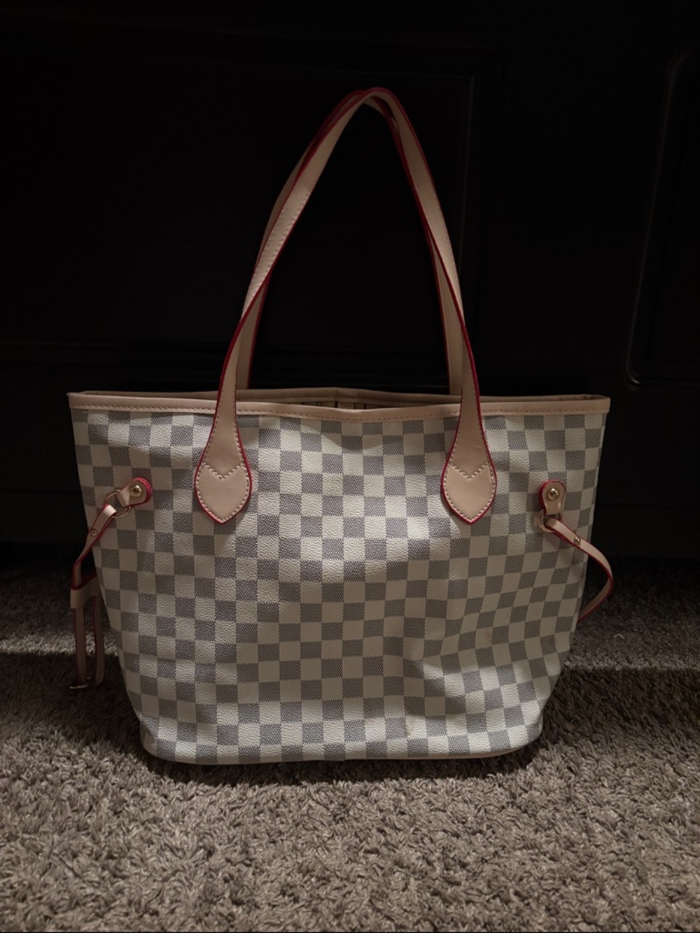 Checkered Neutral Tote with Red Trim